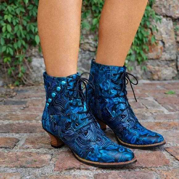 CY Blue Leather and TextilePeacock Feather Lace-Up Cuban Heel Boots, 41/10 - Picture 1 of 13
